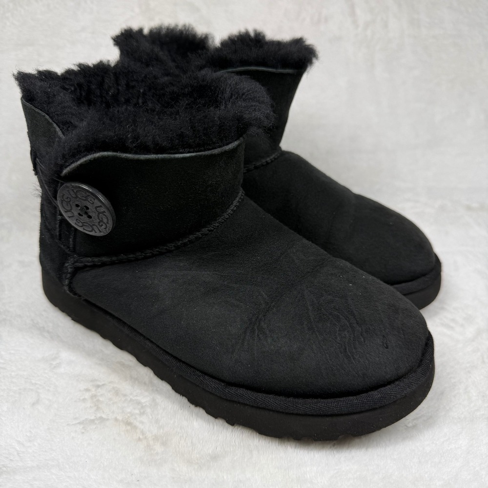 UGG Mini Bailey Button II Black Suede Sheepskin Ankle Boots 1016422 Womens 5